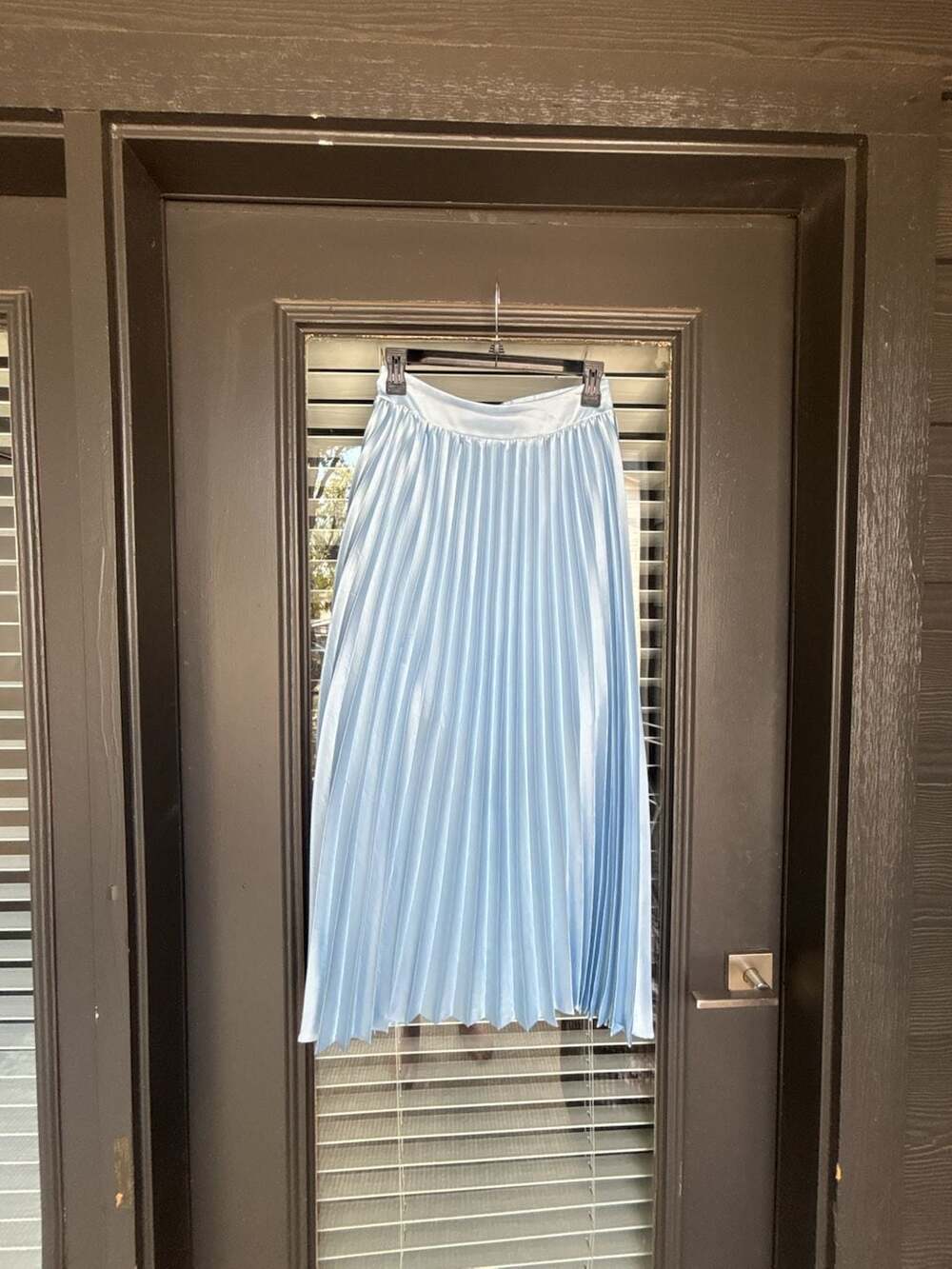 Altar'd State Satin Pleated Midi Skirt in Light Blue, Size Medium